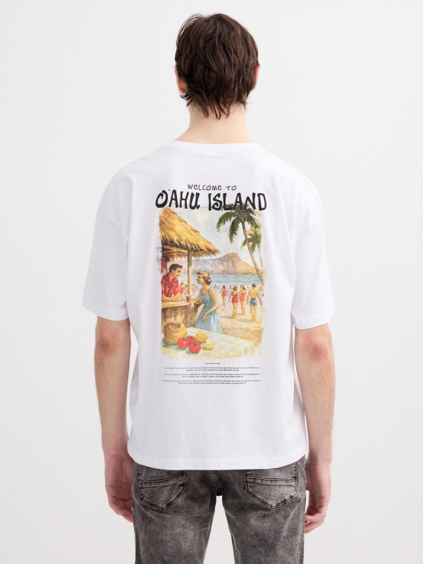 Camiseta mini bordado hawaiano blanco vista media trasera