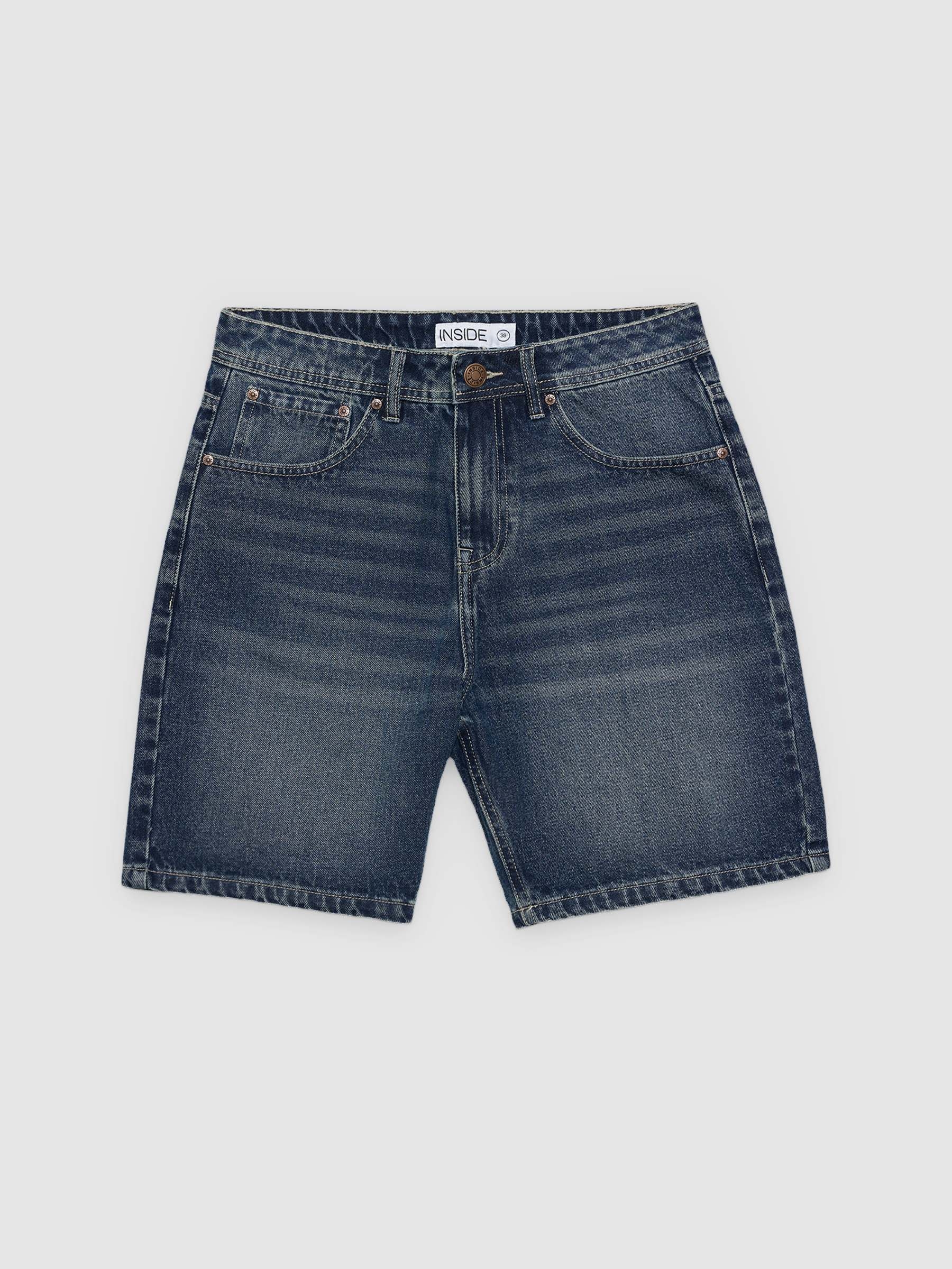 Bermuda jeans regular com cinco bolsos azul vista meia frontal