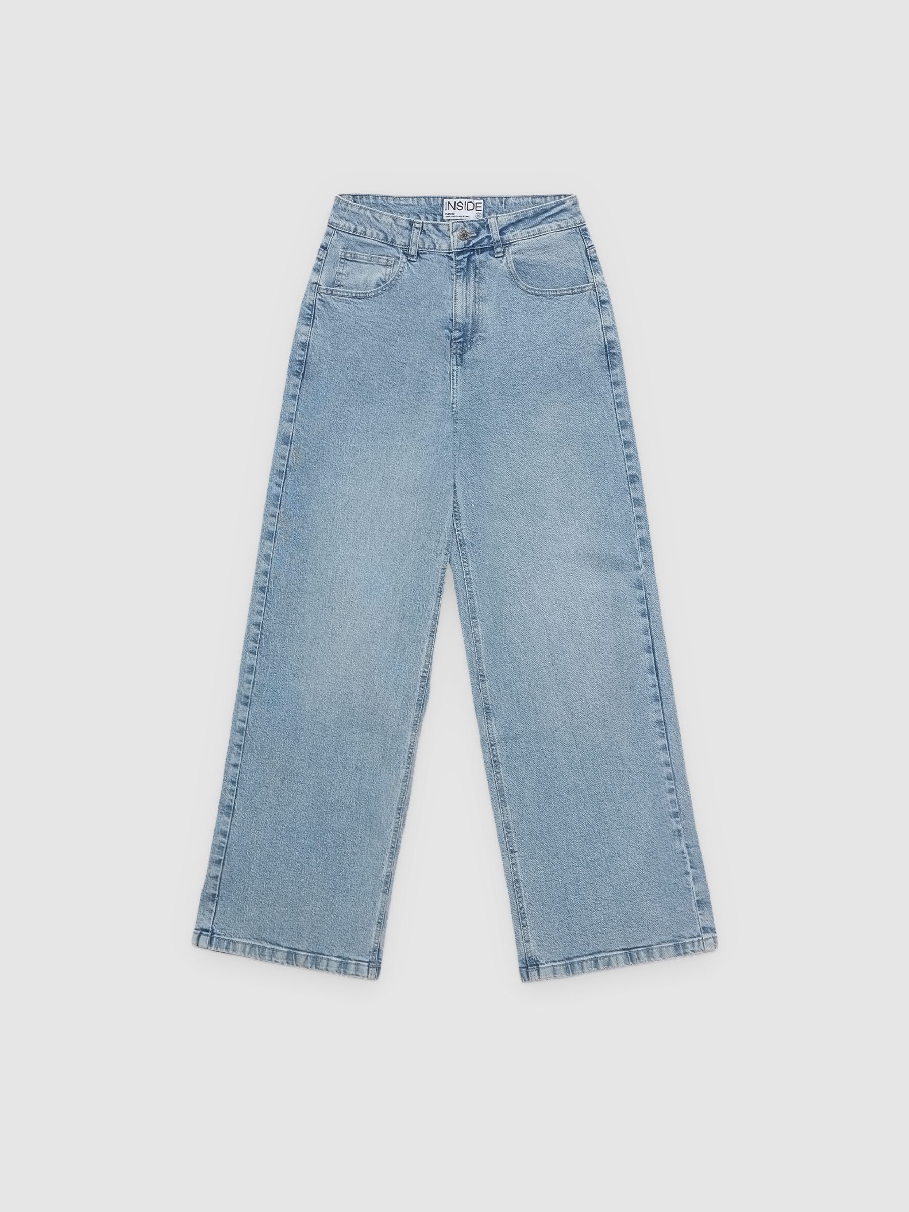 Jeans wide leg tiro médio azul claro vista geral frontal