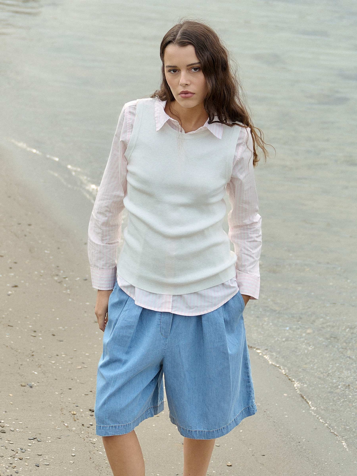 %New% Jersey básico sin mangas tricotosa blanco roto