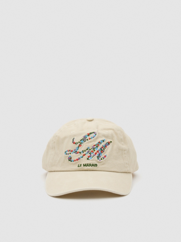 Boné trucker bordado bege vista lateral frontal 45º