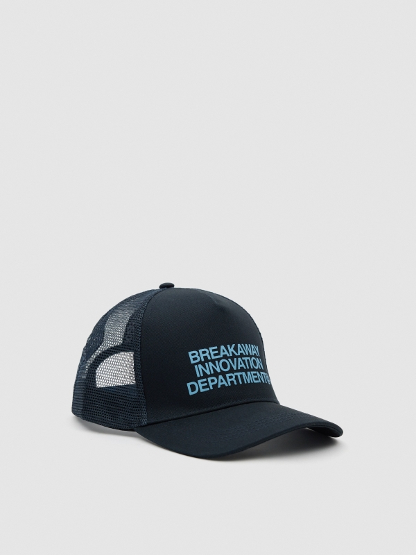 Gorra trucker mensaje gris vista lateral trasera 45º