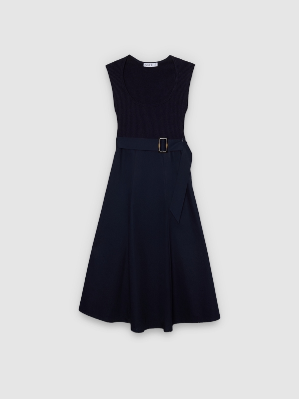 %Pto% Combined ribbed midi dress navy front view