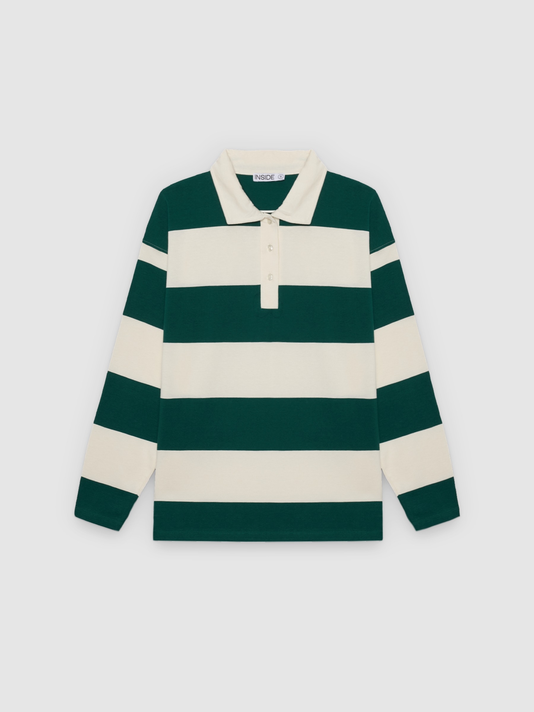 Camiseta polo listrada de algodão bege vista meia frontal