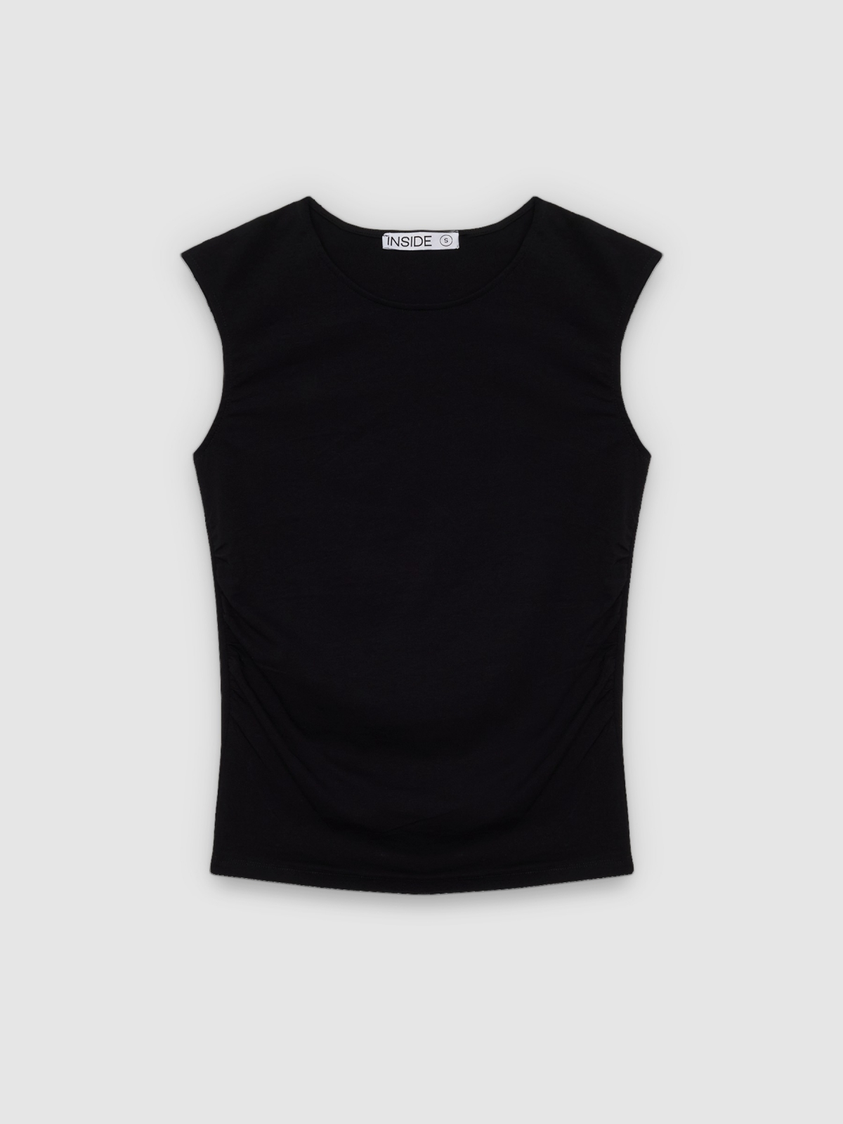 %Pto% Camiseta slim franzida sem mangas preto vista frontal