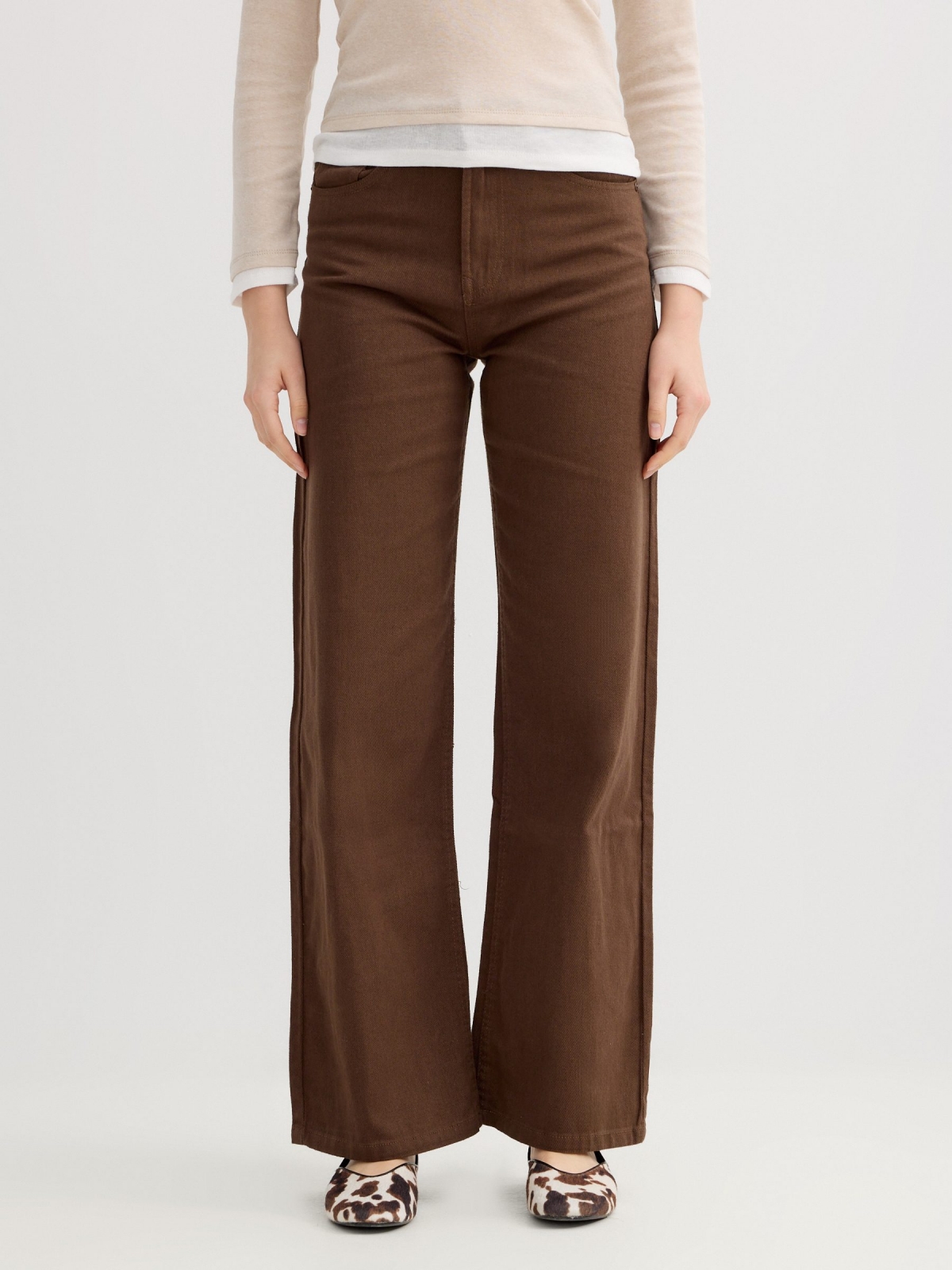Wide cotton twill pants dark brown middle front view