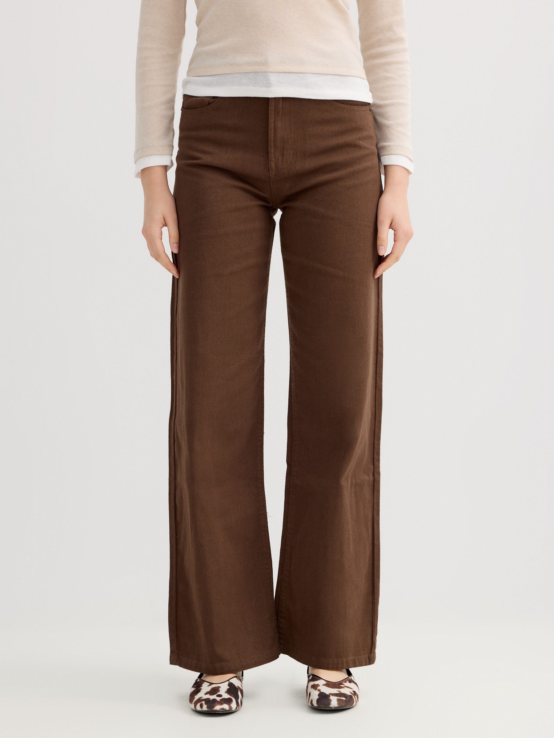 Wide cotton twill pants dark brown front view