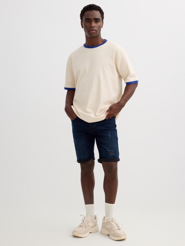 Dark blue ripped denim Bermuda shorts blue middle front view