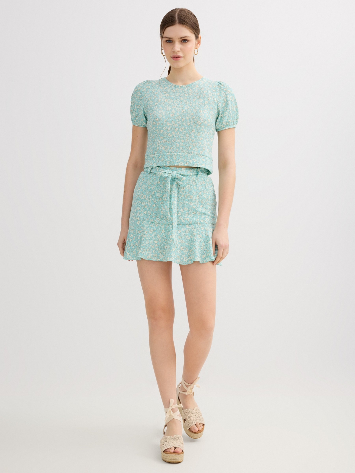 floral skort with ruffles aquamarine middle front view