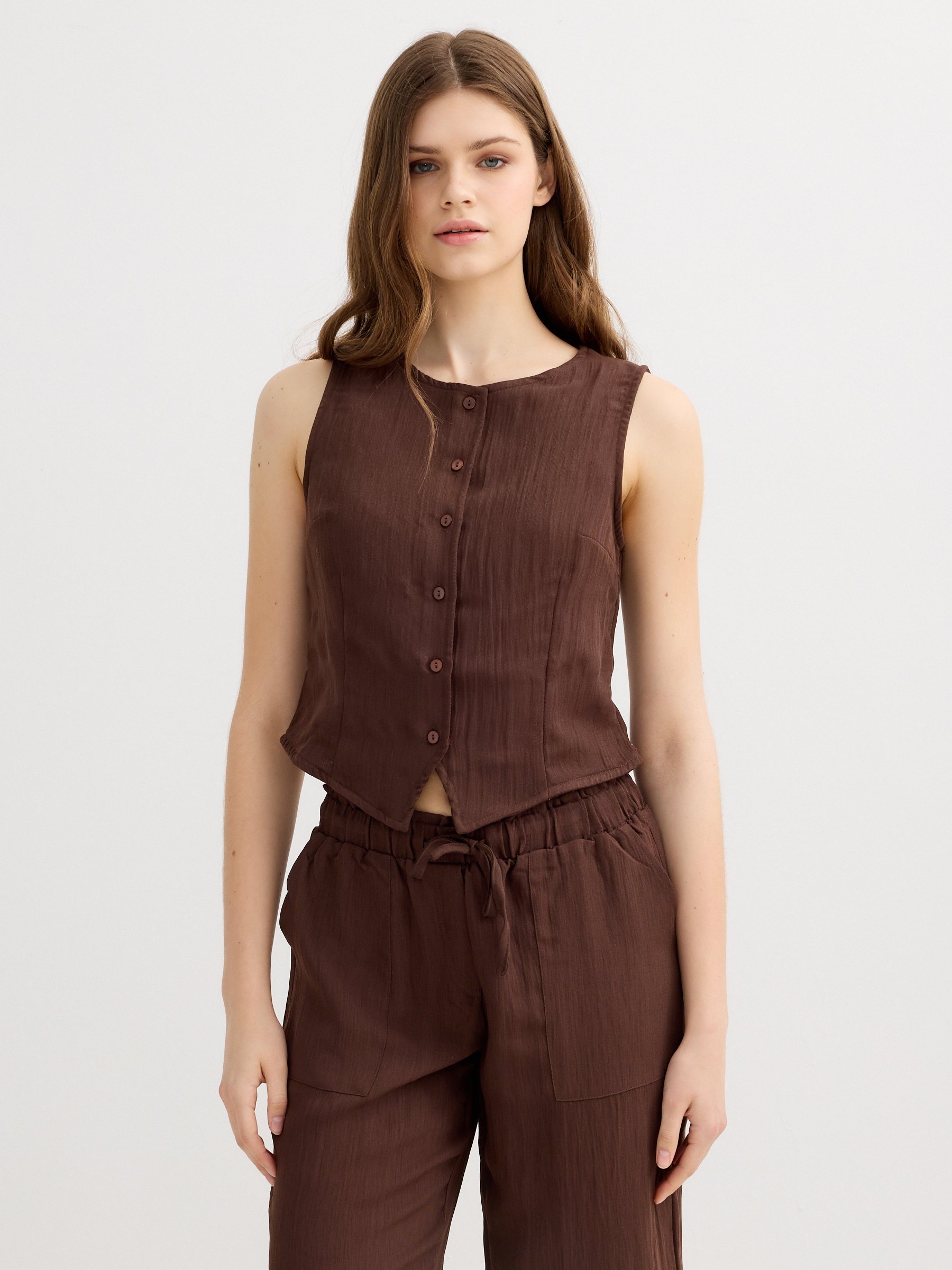 Textured button-placket top chocolate middle front view
