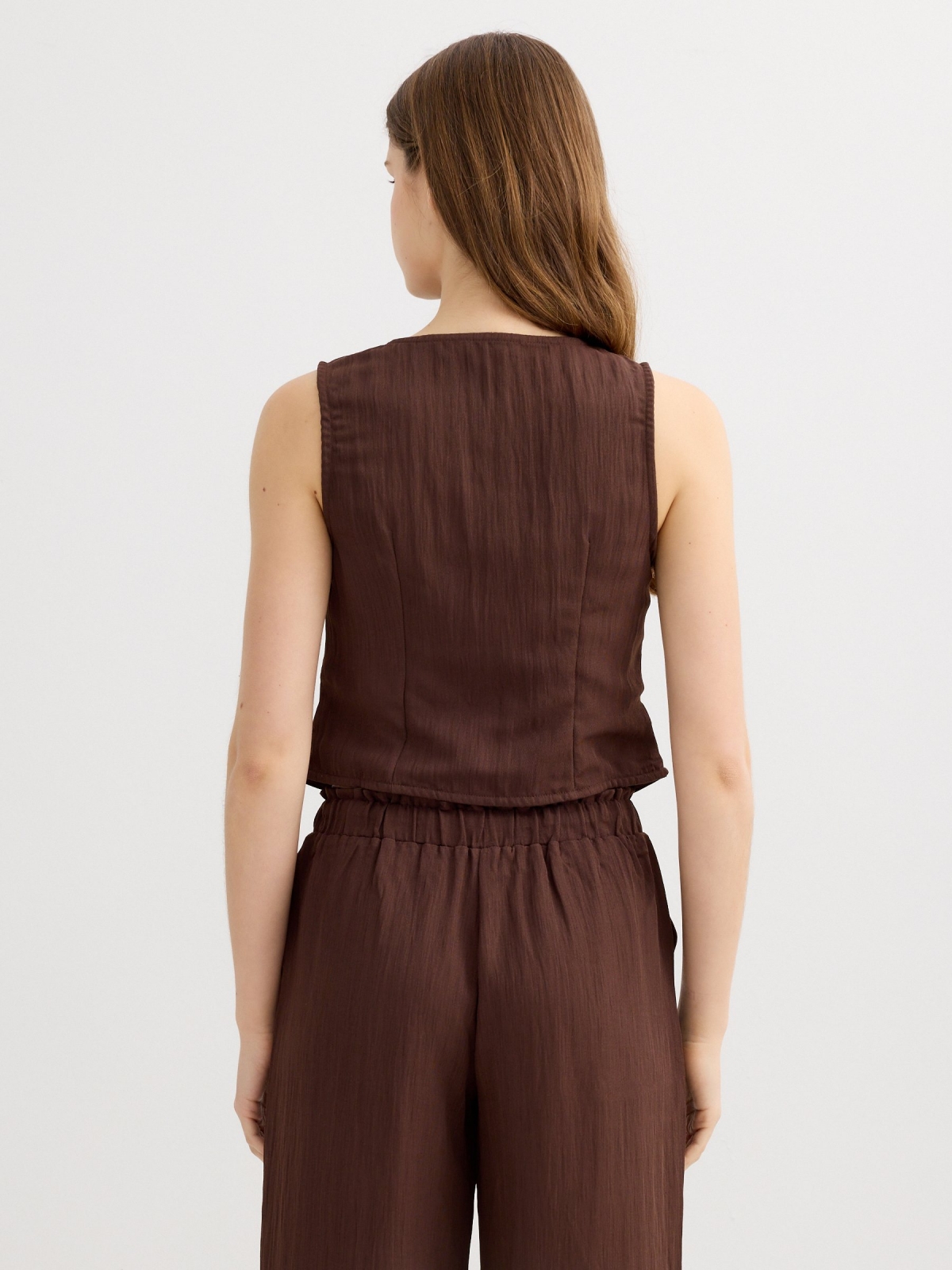 Textured button-placket top chocolate middle back view