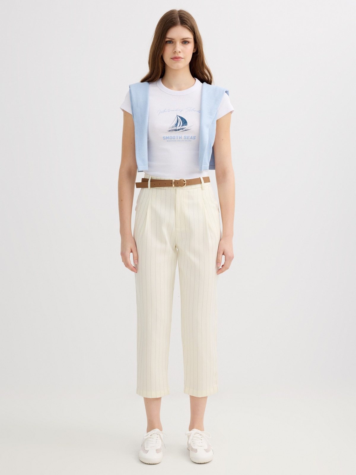 Striped capri pants with a belt raw front view