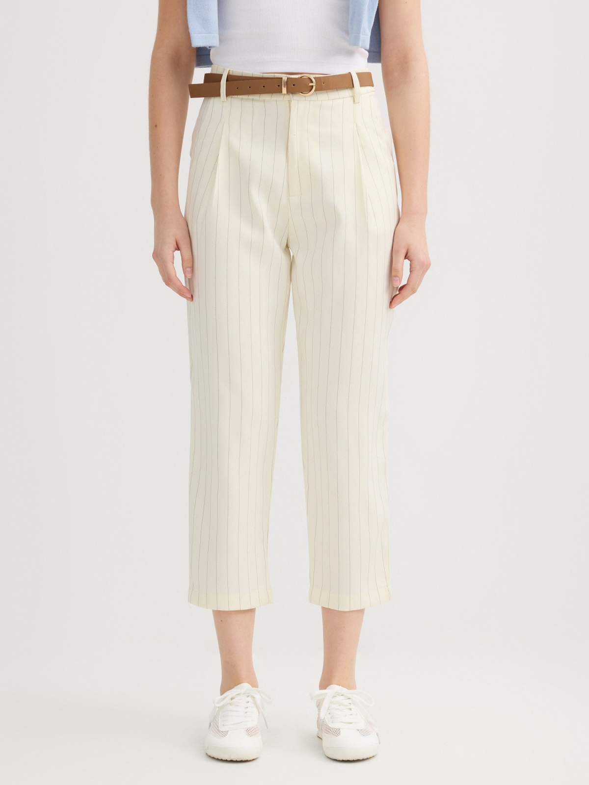 Striped capri pants with a belt raw middle front view