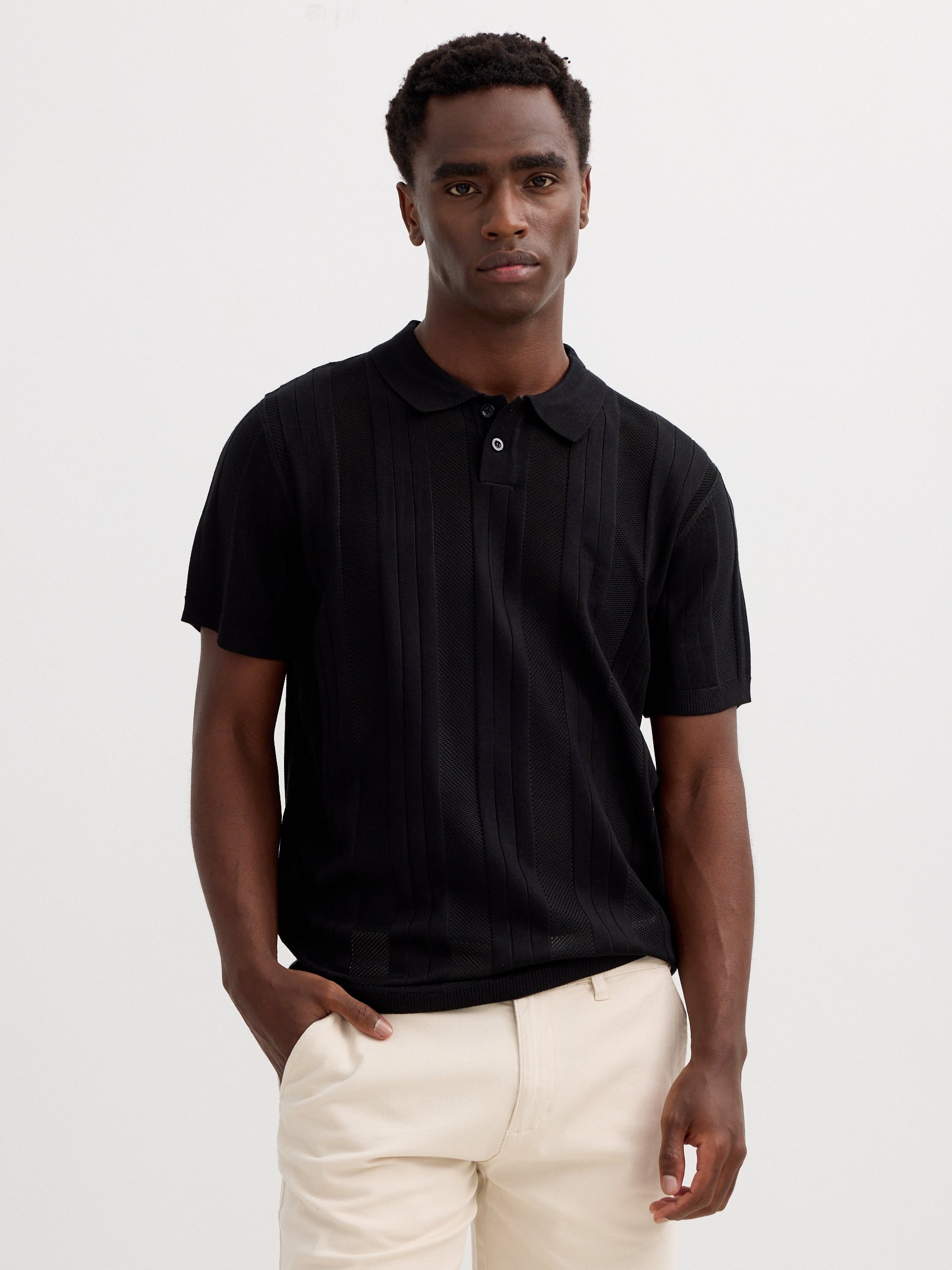 Knitted polo shirt with buttons black middle front view