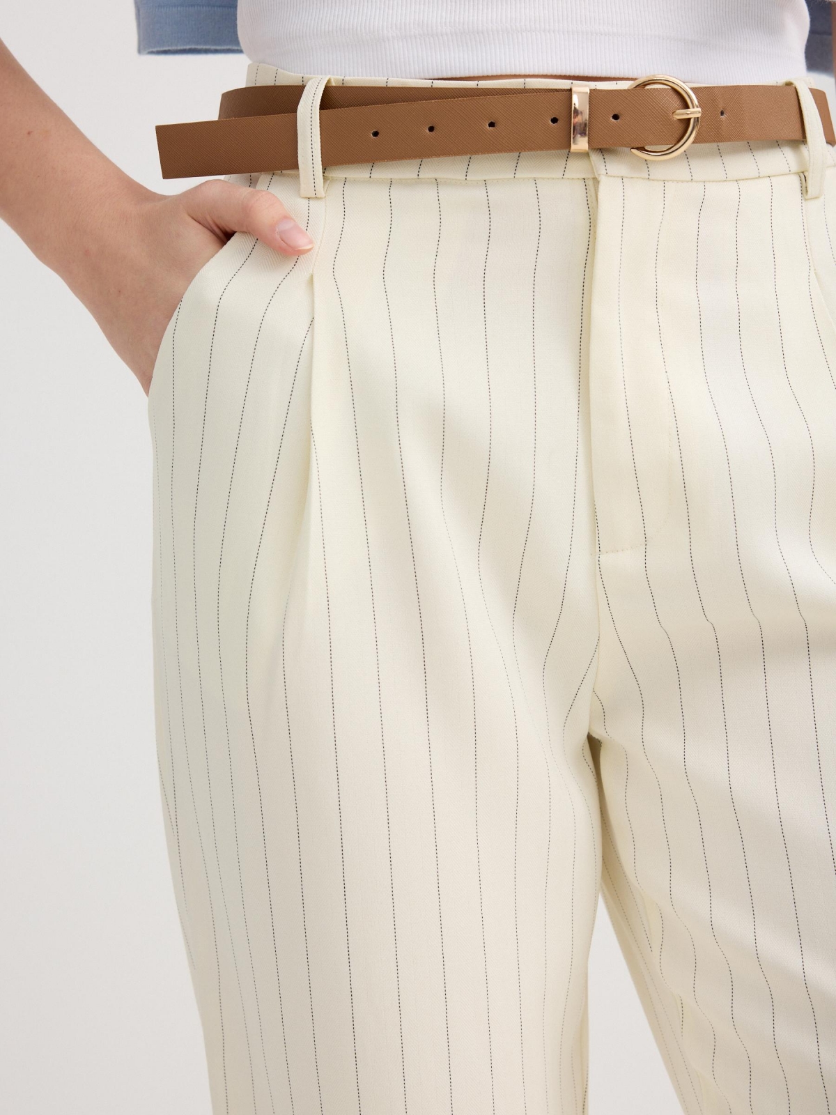 Striped capri pants with a belt raw detail view