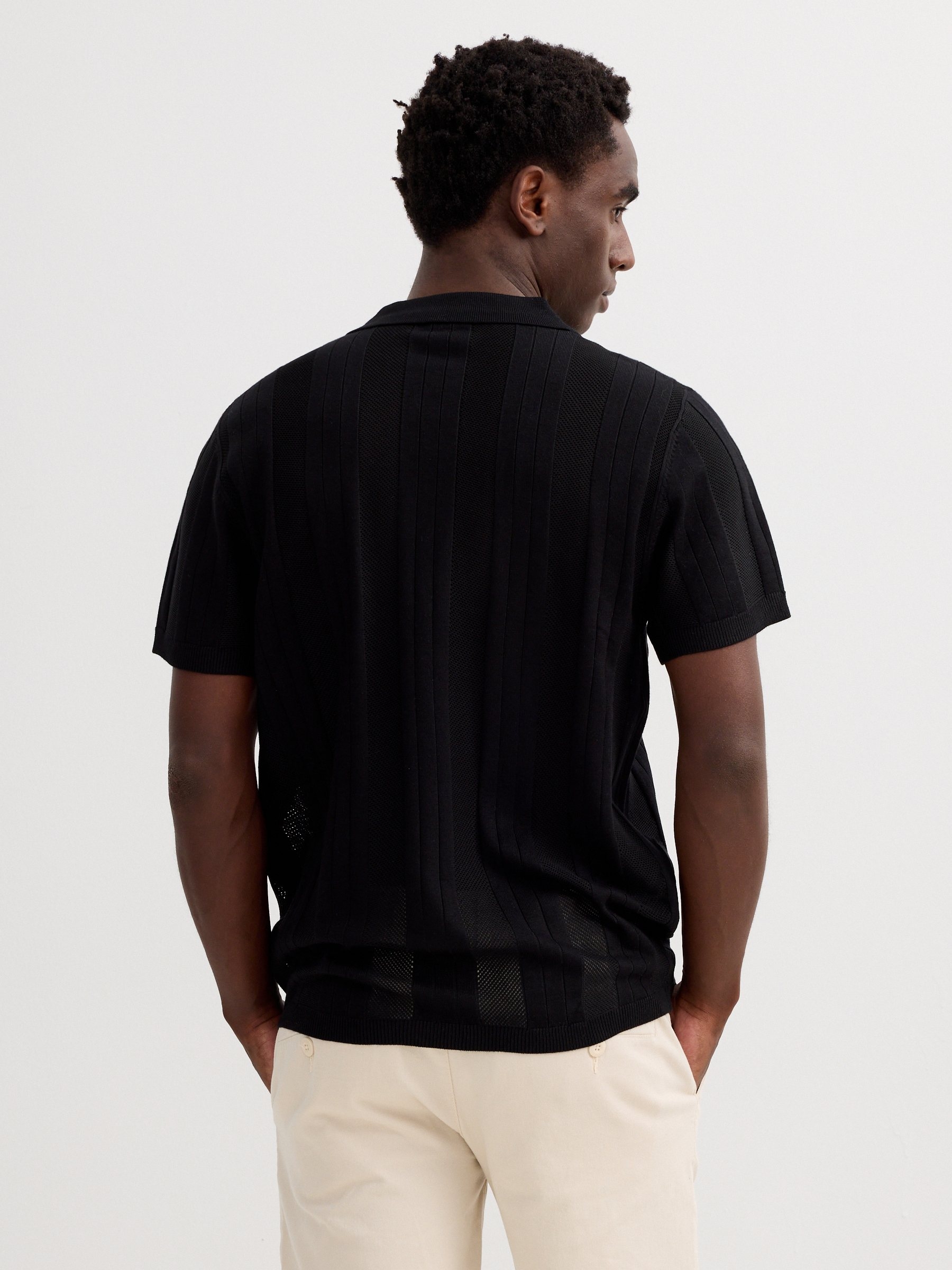 Knitted polo shirt with buttons black middle front view