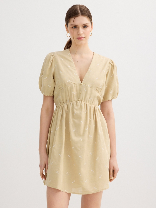 embroidered floral mini dress ochre middle front view