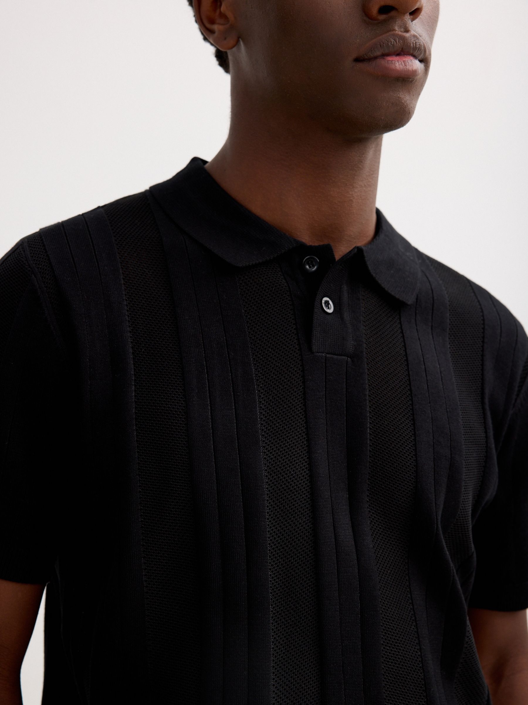 Knitted polo shirt with buttons black middle front view