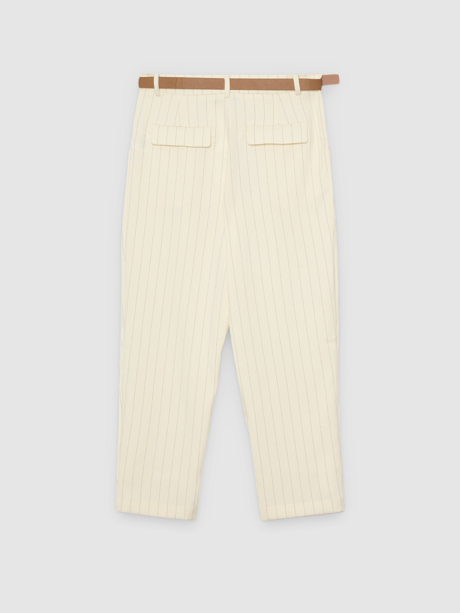 Striped capri pants with a belt raw front view