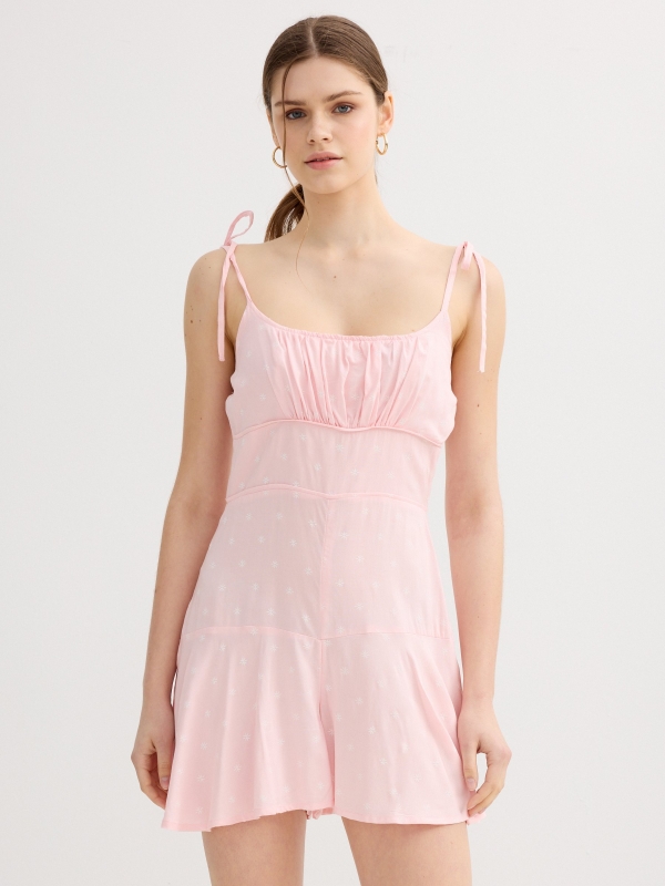 Printed ruched short jumpsuit light pink middle front view