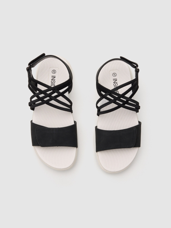 Flat sandal with crossed faux leather straps black zenithal view