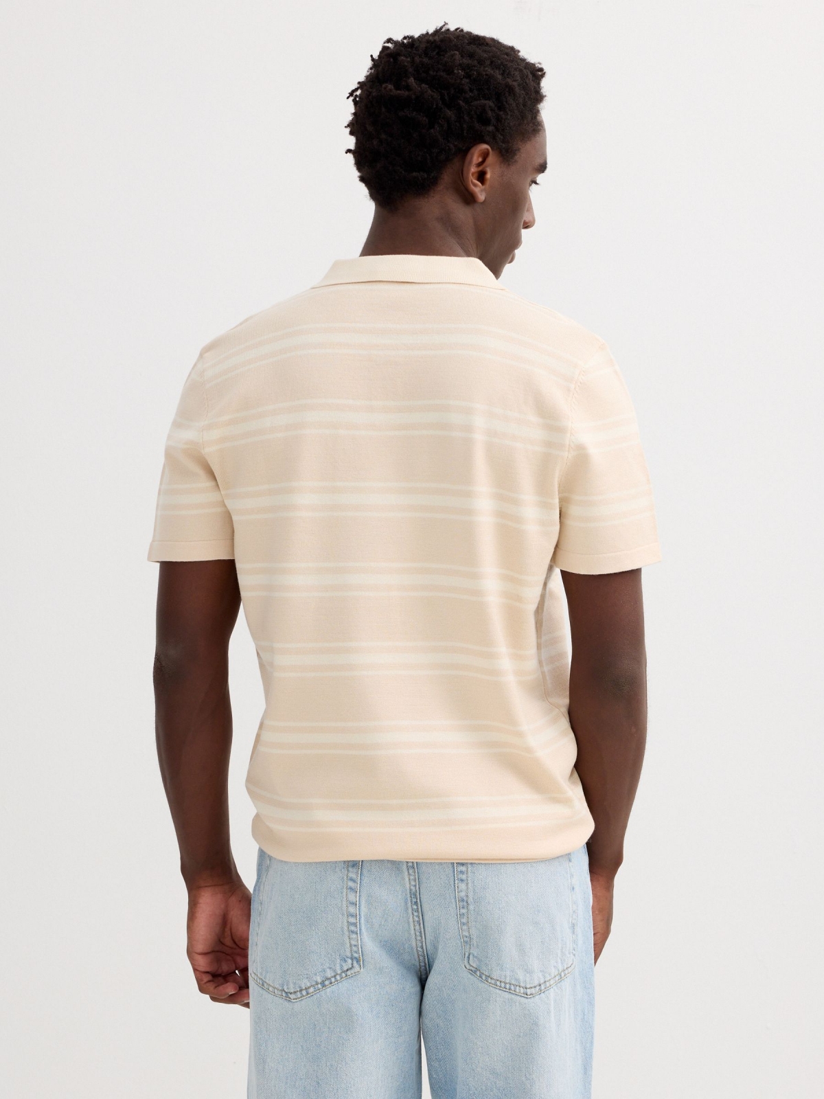 Striped knit polo shirt with buttons raw middle back view