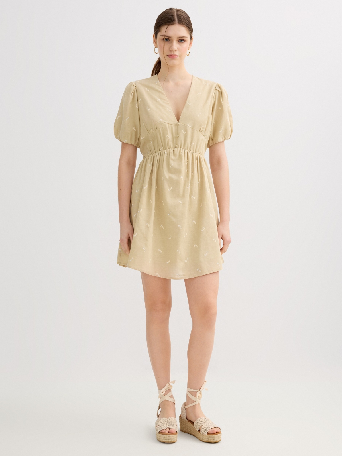 embroidered floral mini dress ochre front view