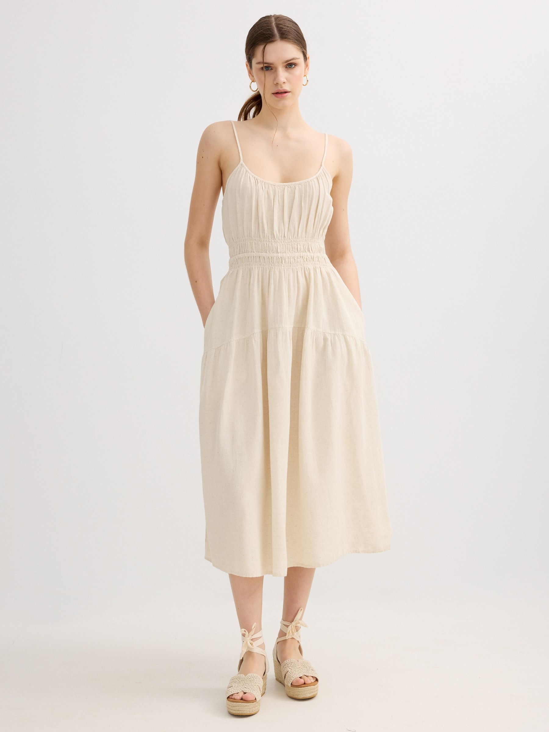 Midi dress with straps ruched flared off white middle front view