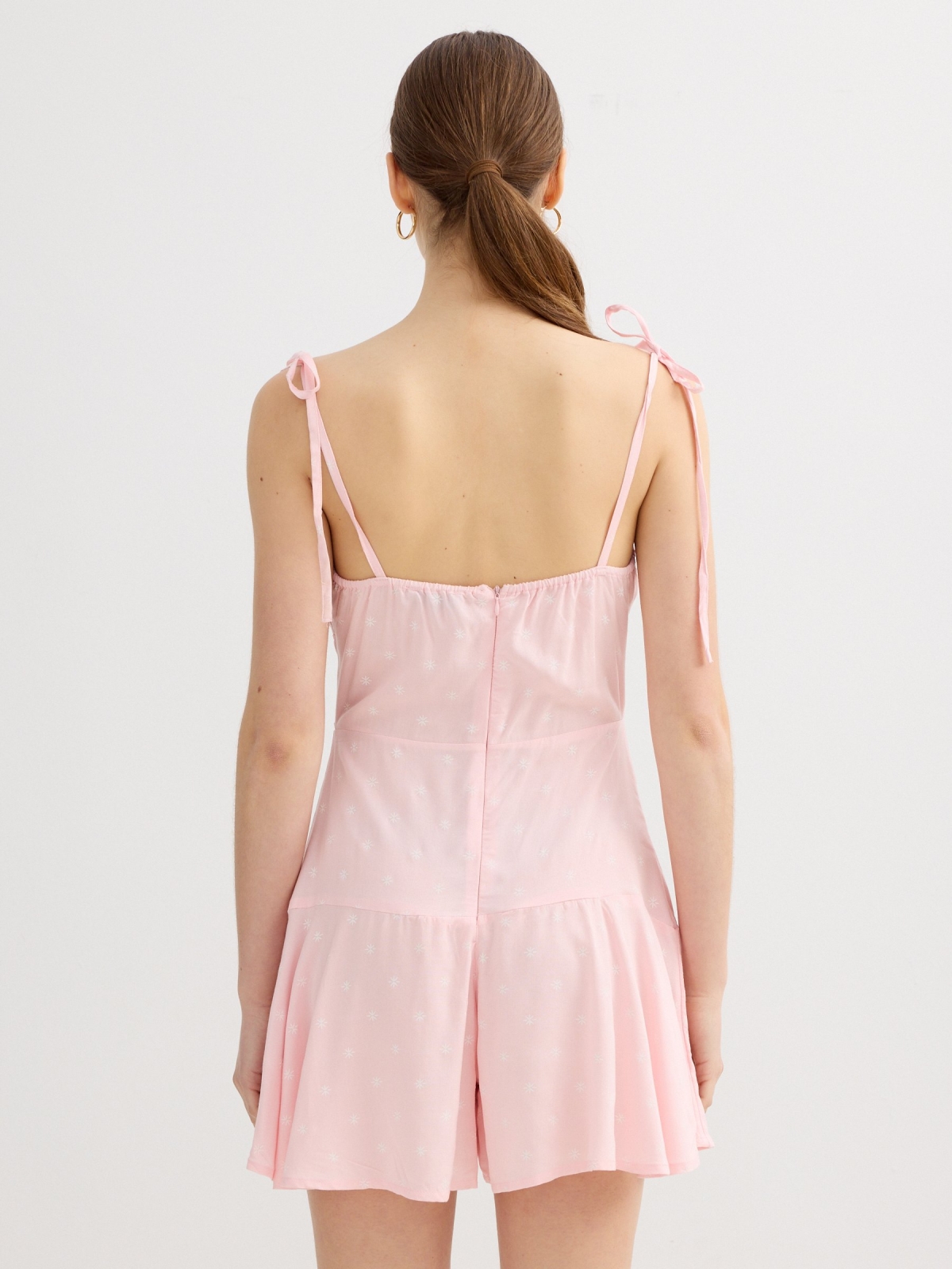 Printed ruched short jumpsuit light pink middle back view