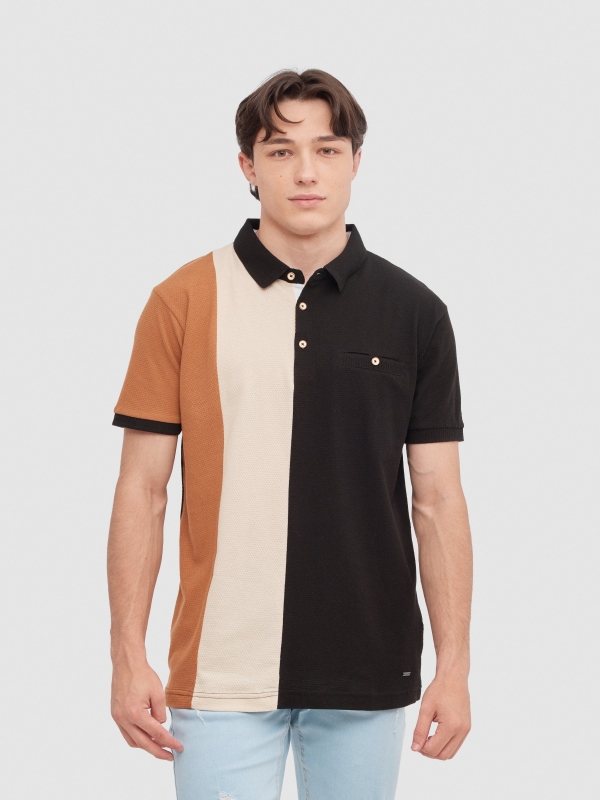 Black color block polo black middle front view