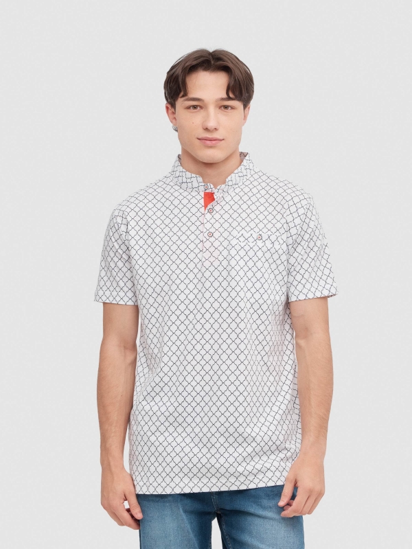 Geometric print polo shirt white middle front view