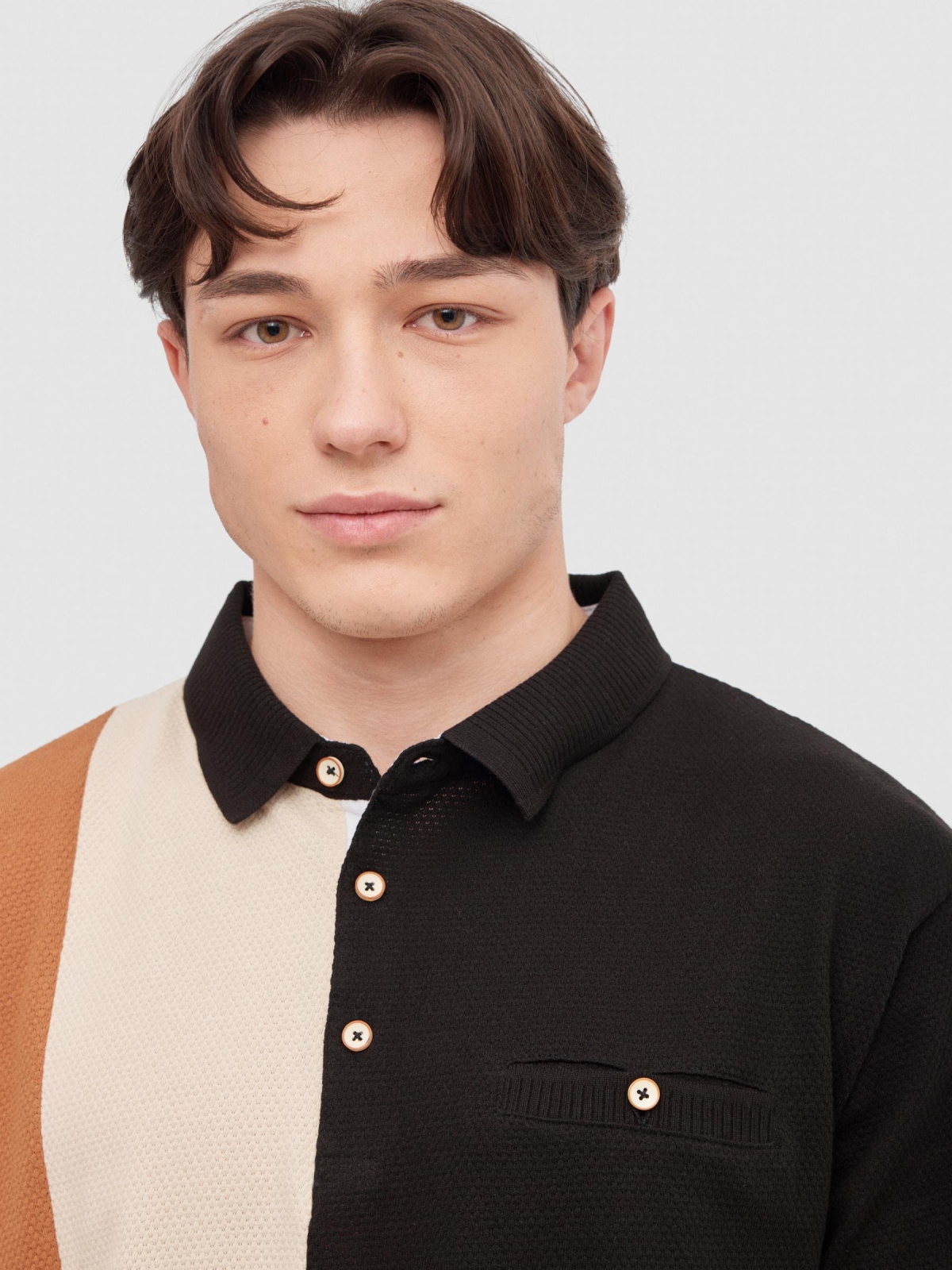 Black color block polo black detail view
