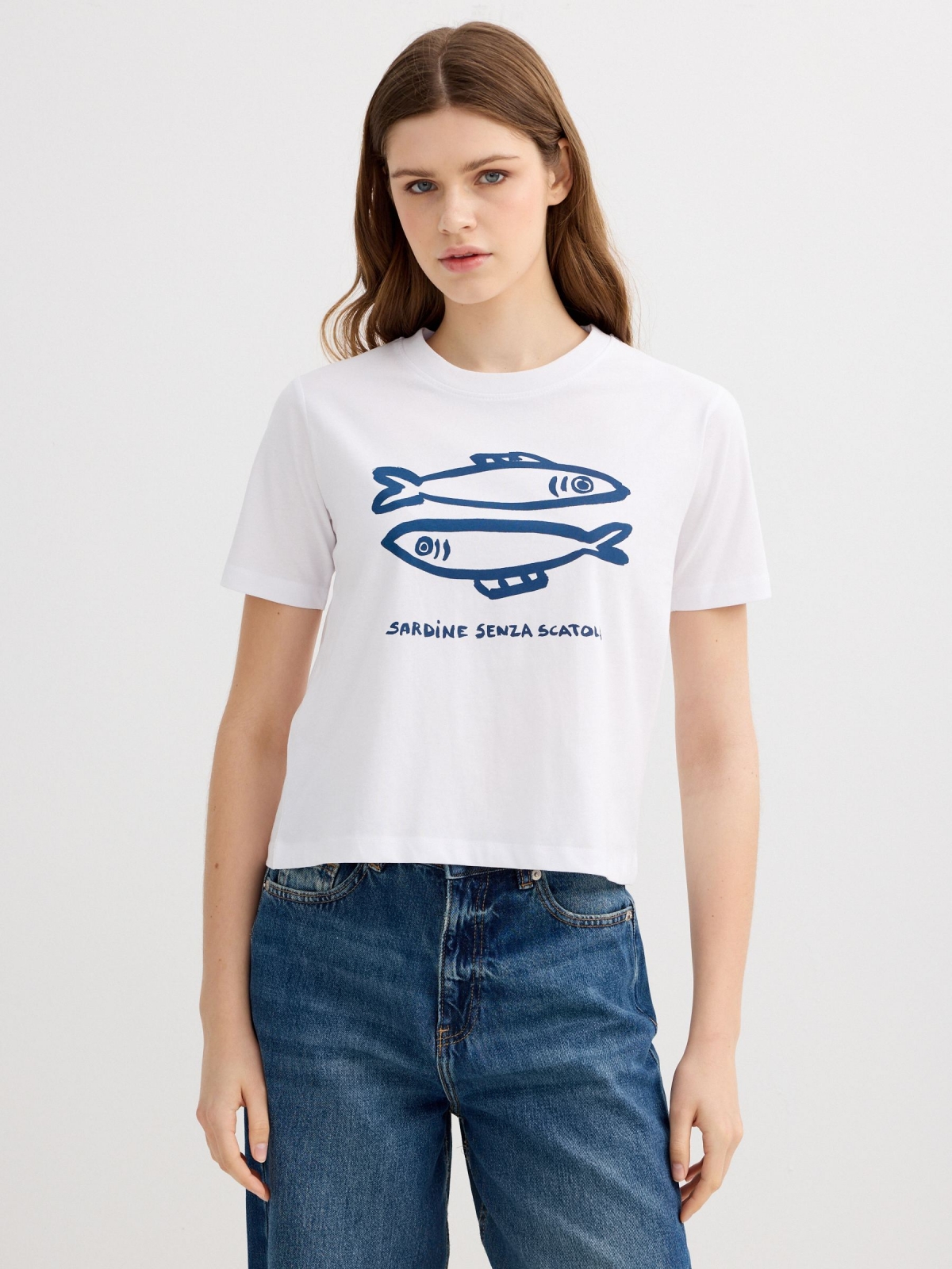 Sardine print T-shirt white middle front view