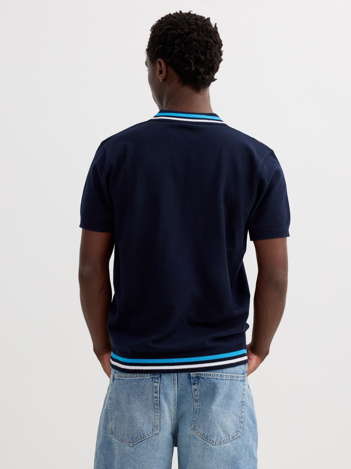 Striped knit polo with buttons navy middle back view
