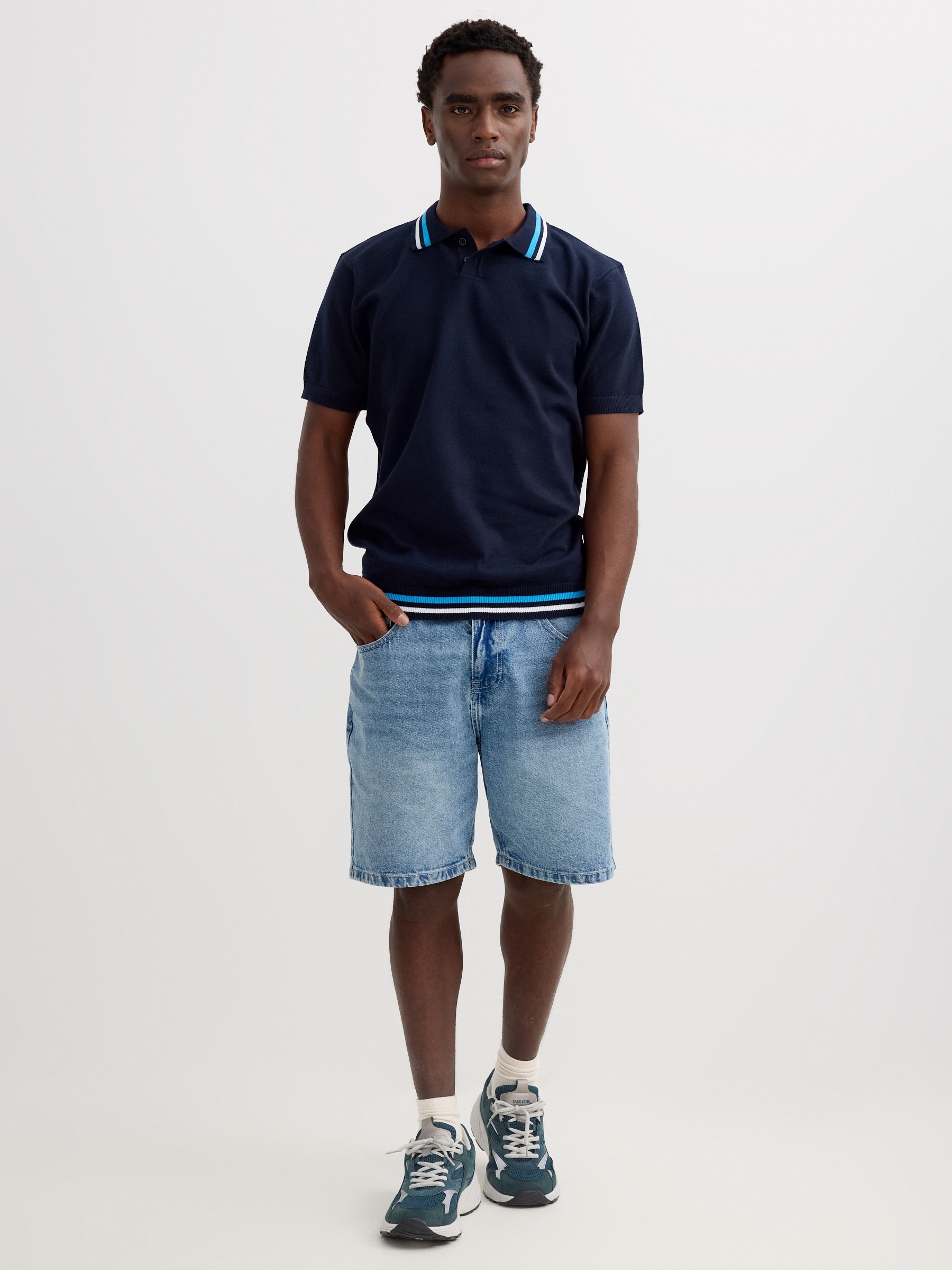 Striped knit polo with buttons navy middle front view