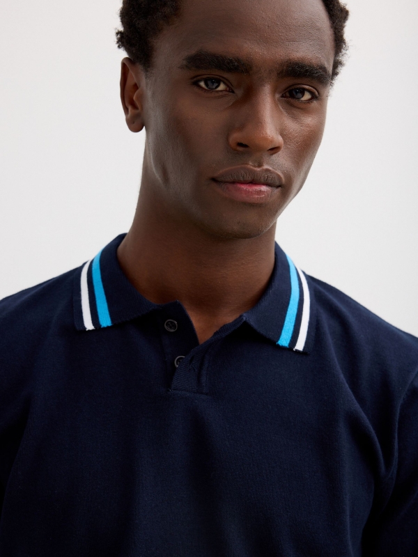 Striped knit polo with buttons navy detail view