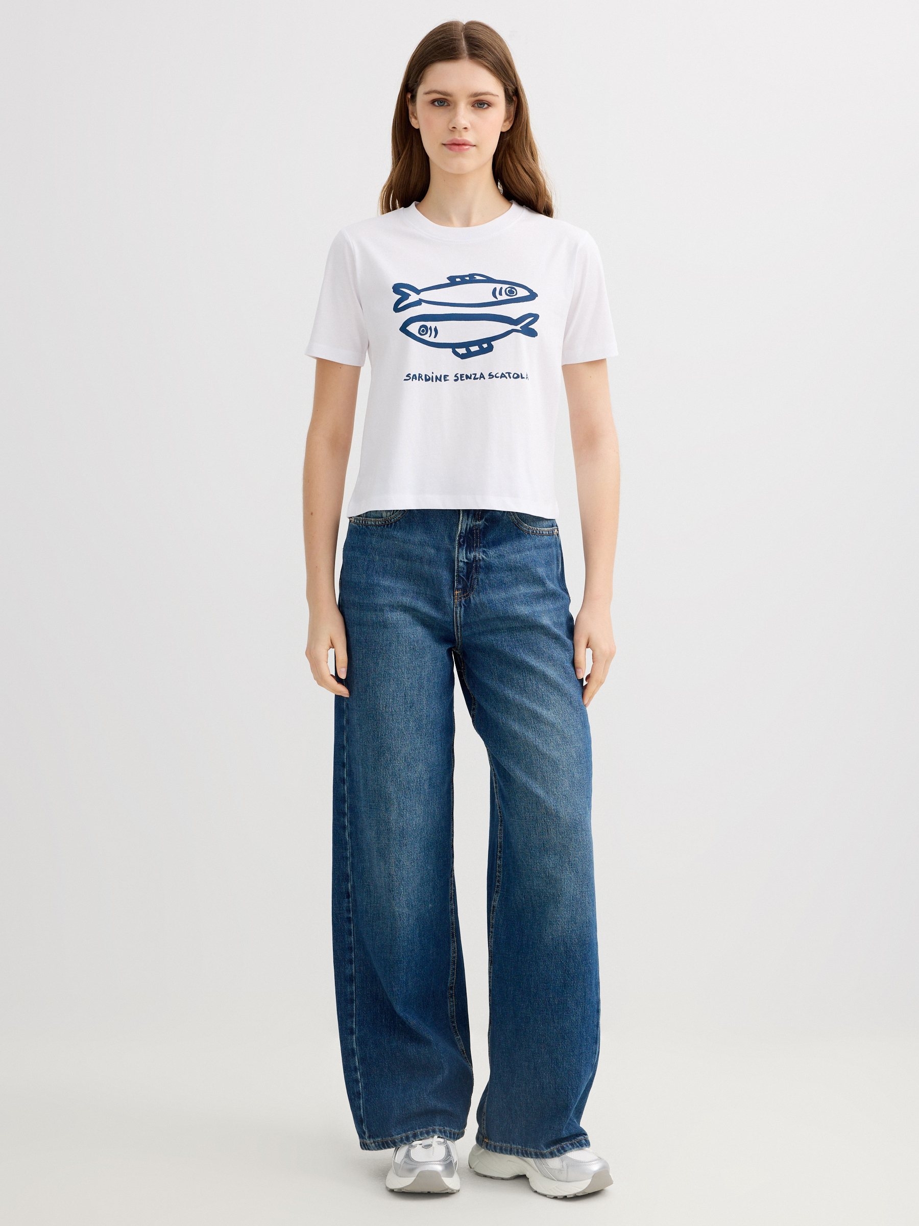 Camiseta estampado sardinas blanco vista media frontal