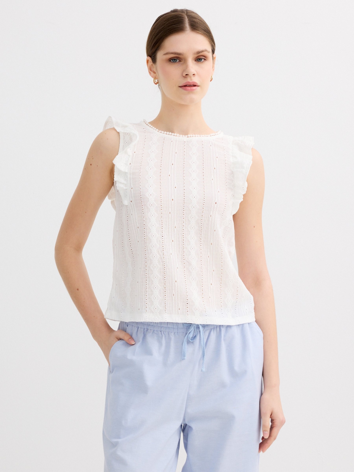 Sleeveless ruffled textured shirt white middle front view