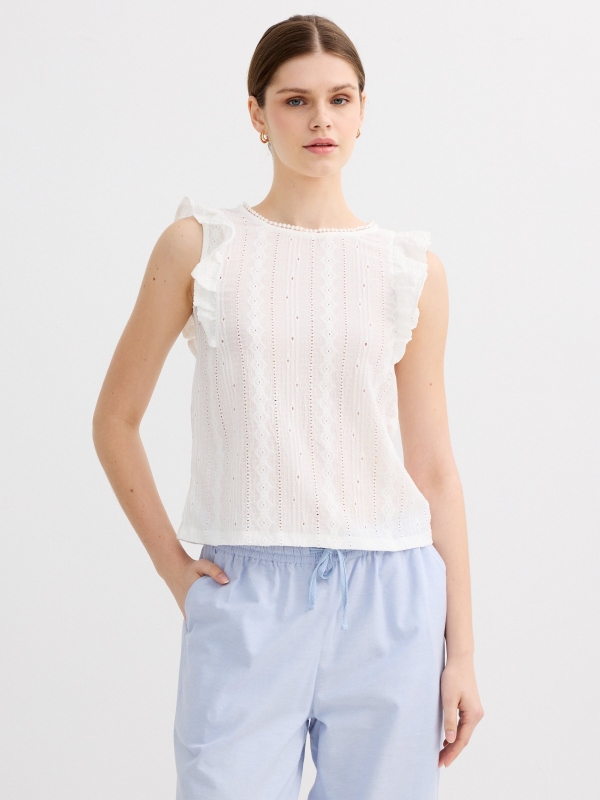 Sleeveless ruffled textured shirt white middle front view