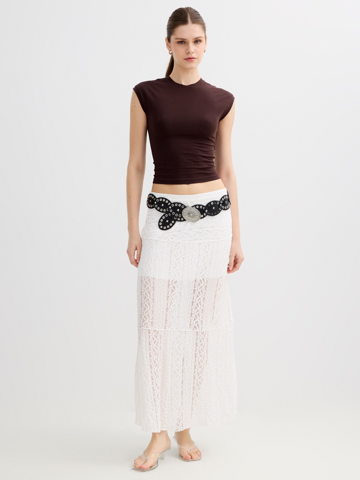 A-line midi lace skirt white middle front view