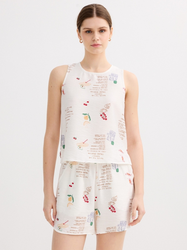 Blusa estampada sem mangas branco vista meia frontal