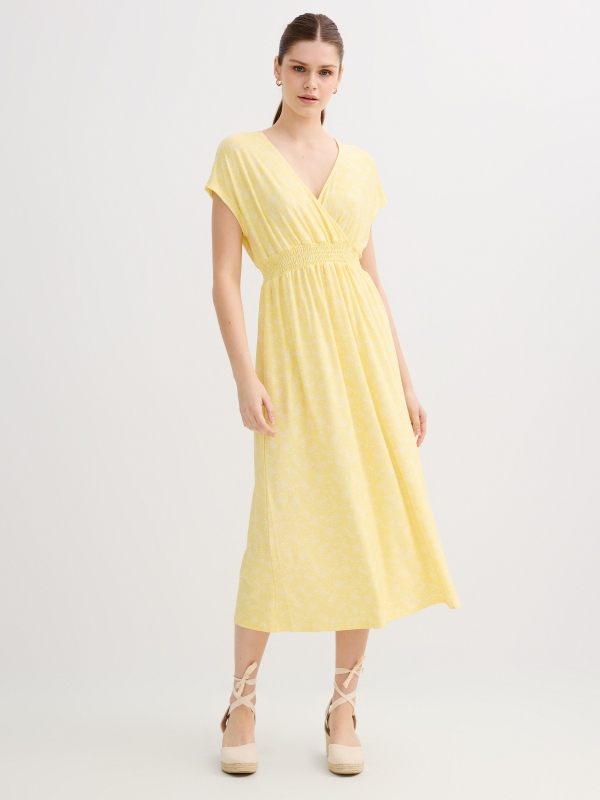 midi floral dress with smocked bodice yellow middle front view