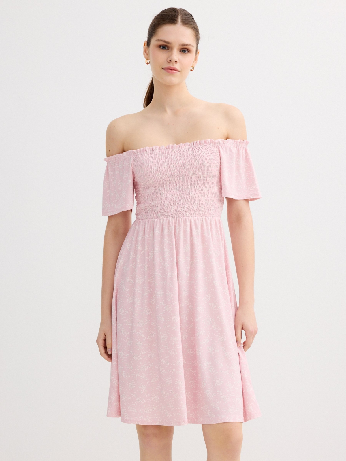 Vestido nido de abeja flores rosa claro vista media frontal