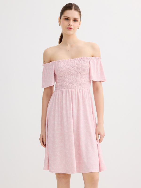 smocked dress with flowers light pink middle front view