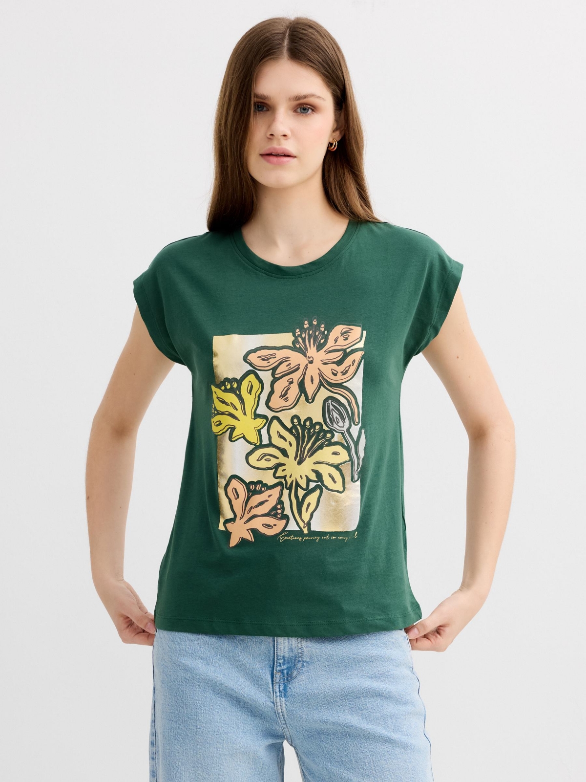 Cotton floral T-shirt dark green middle front view