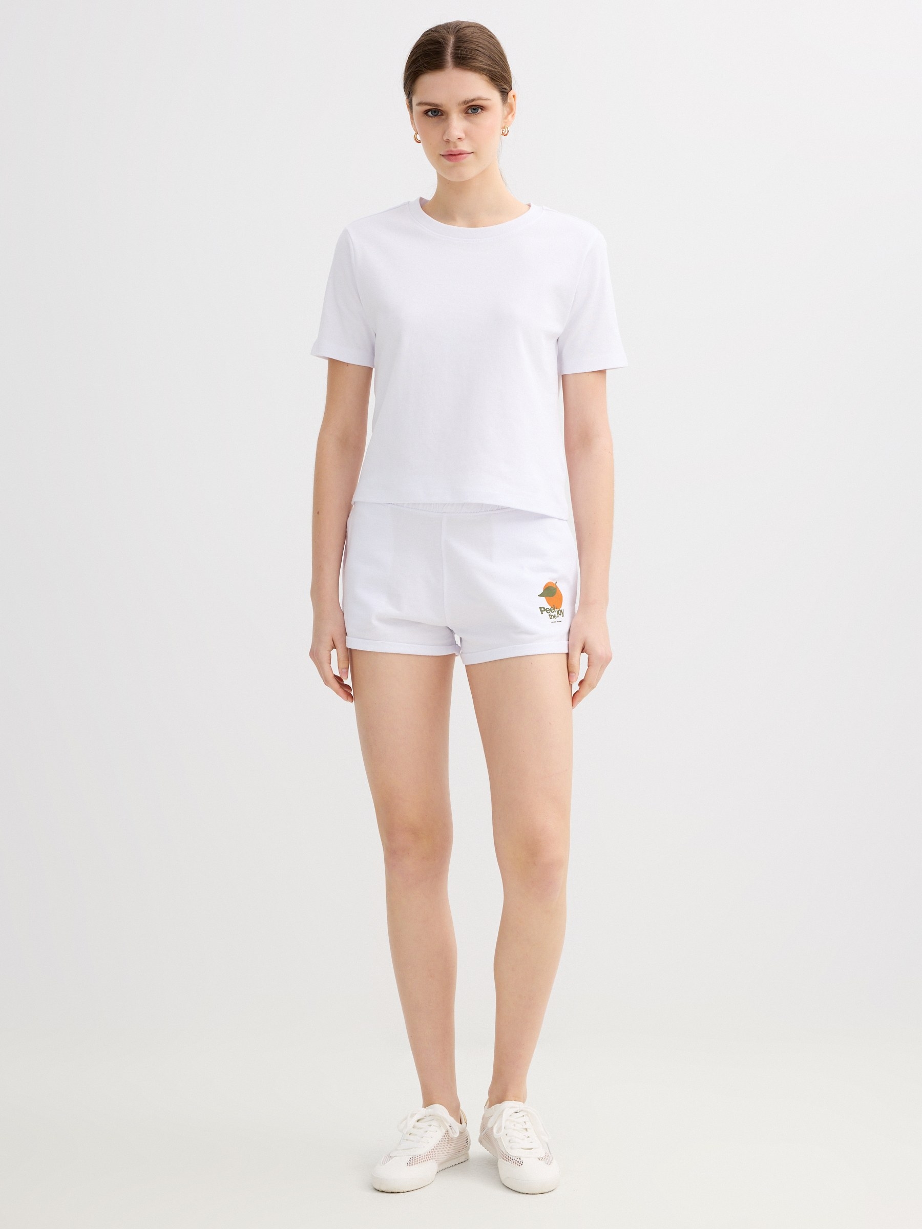 graphic print terry shorts white middle front view