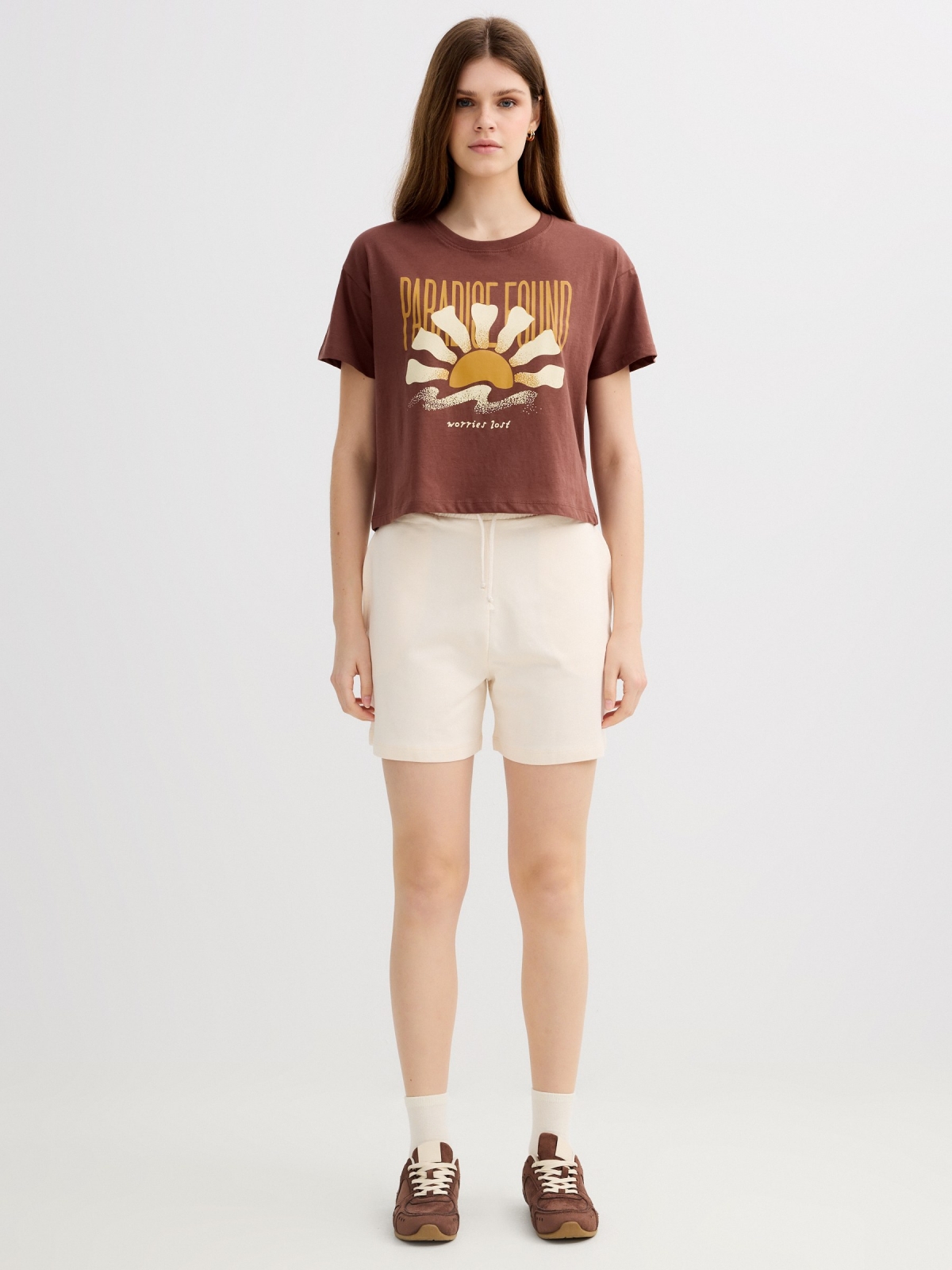 High-waisted fleece Bermuda shorts raw middle front view