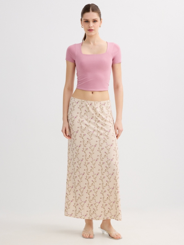 Falda midi floral de vuelo crudo vista media frontal