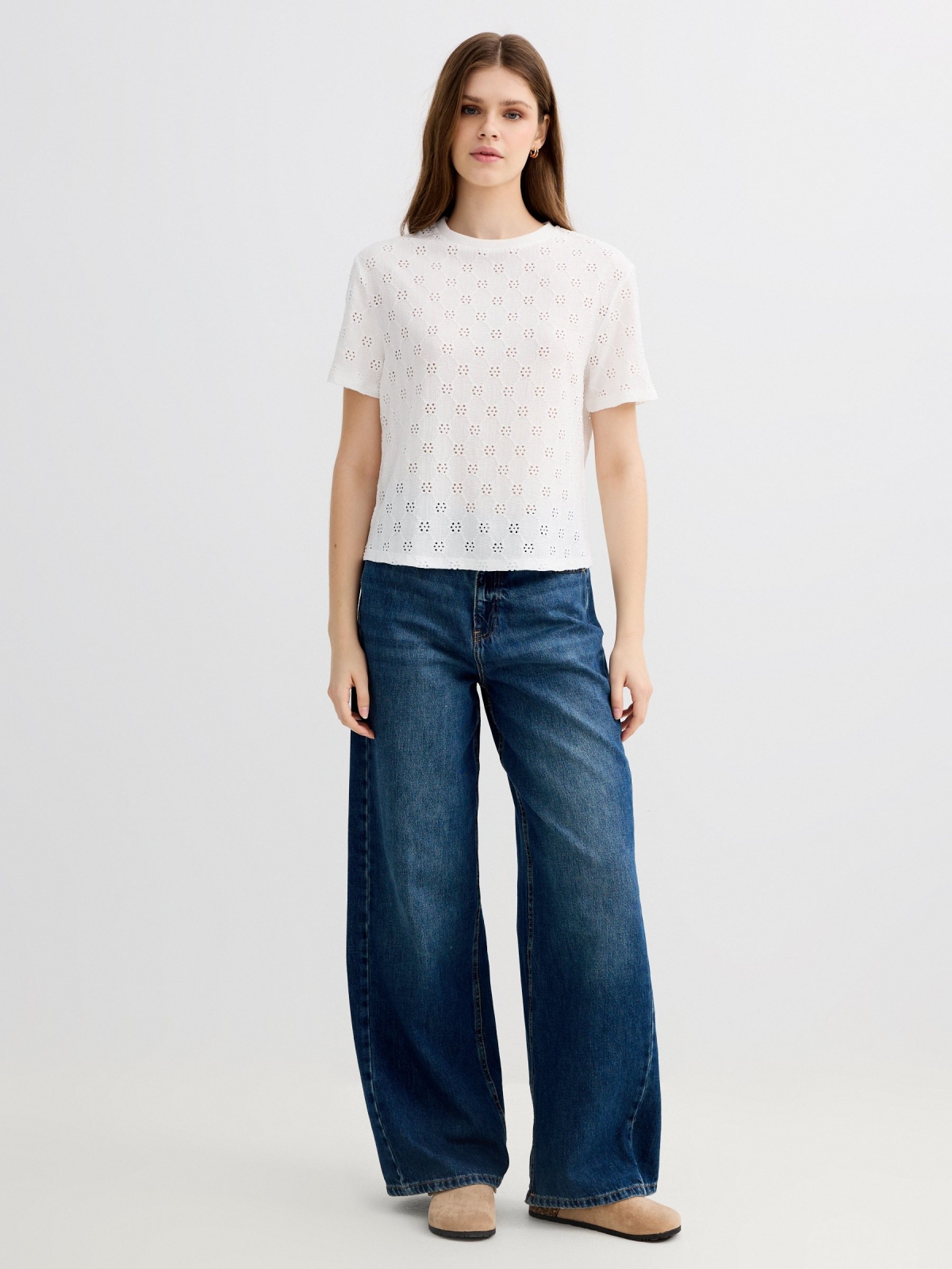 Swiss embroidered openwork T-shirt white front view