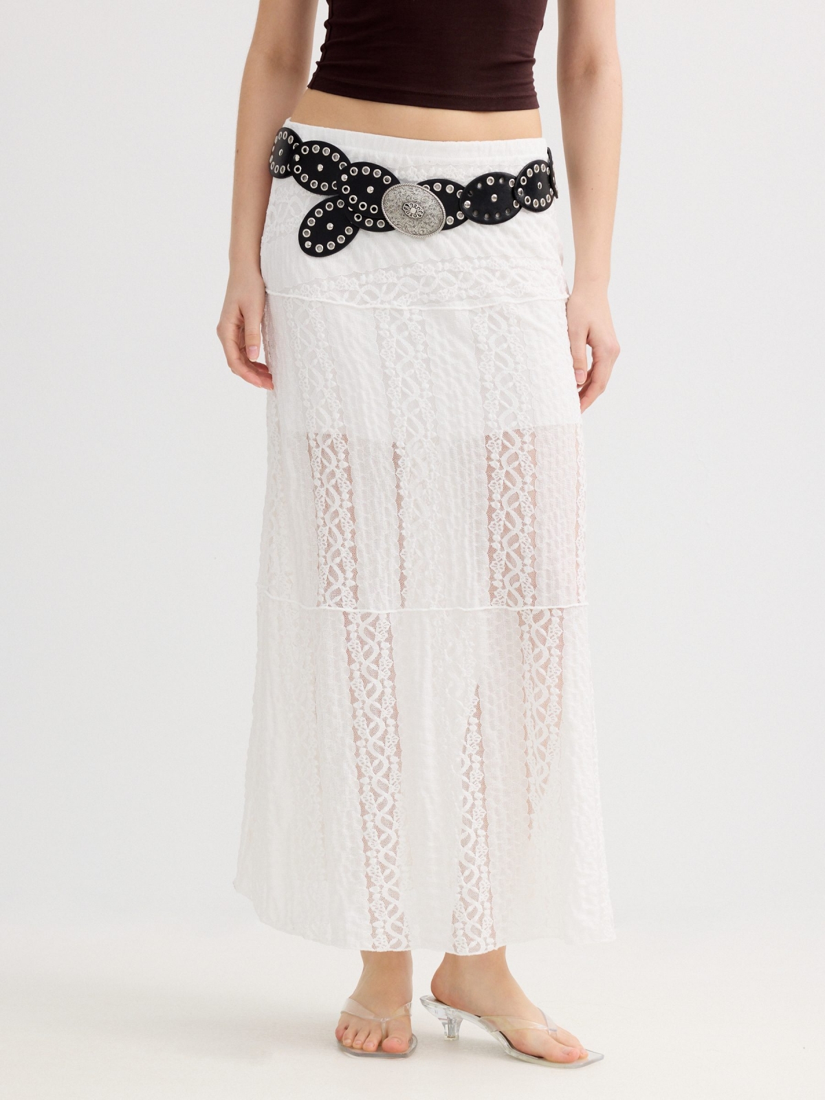 A-line midi lace skirt white middle back view
